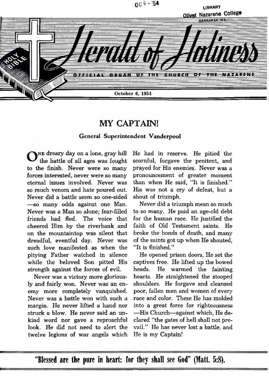 Title Page of Herald of Holiness - October 6, 1954