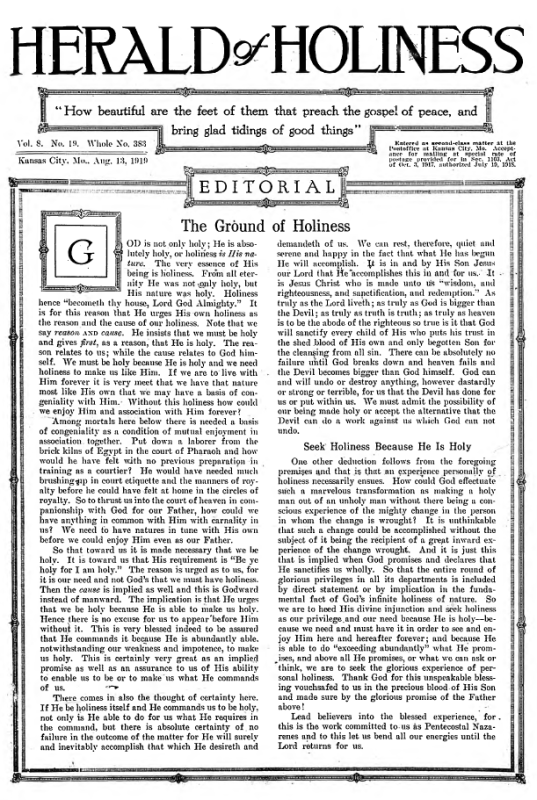 Title Page of Herald of Holiness - August 13, 1919