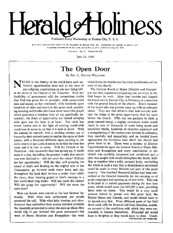 Title Page of Herald of Holiness - June 23, 1920