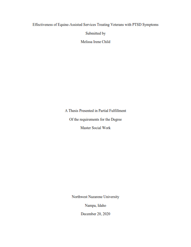 thesis title page: Effectiveness of Equine-Assisted Services Treating Veterans with PTSD Symptoms. 