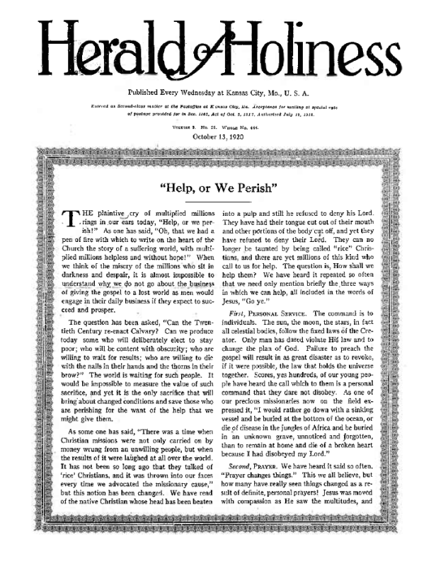 Title Page of Herald of Holiness - October 13, 1920