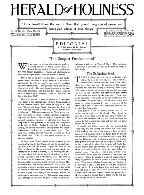 Front page of Herald of Holiness - March 15, 1922
