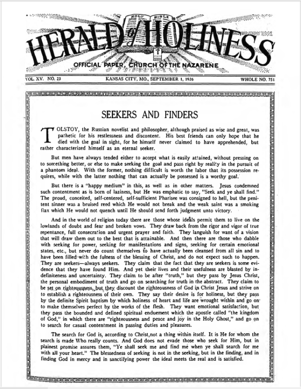 Front page of Herald of Holiness - September 1, 1926